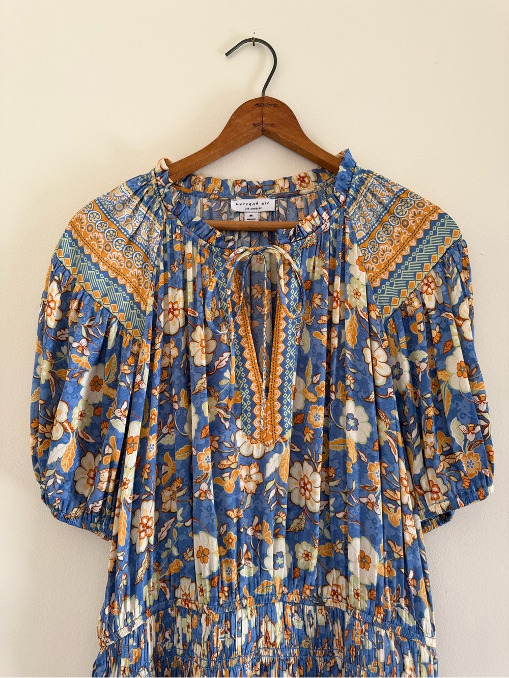 Current Air Blue Floral Smocked Waist Puff-Sleeve Mini Dress